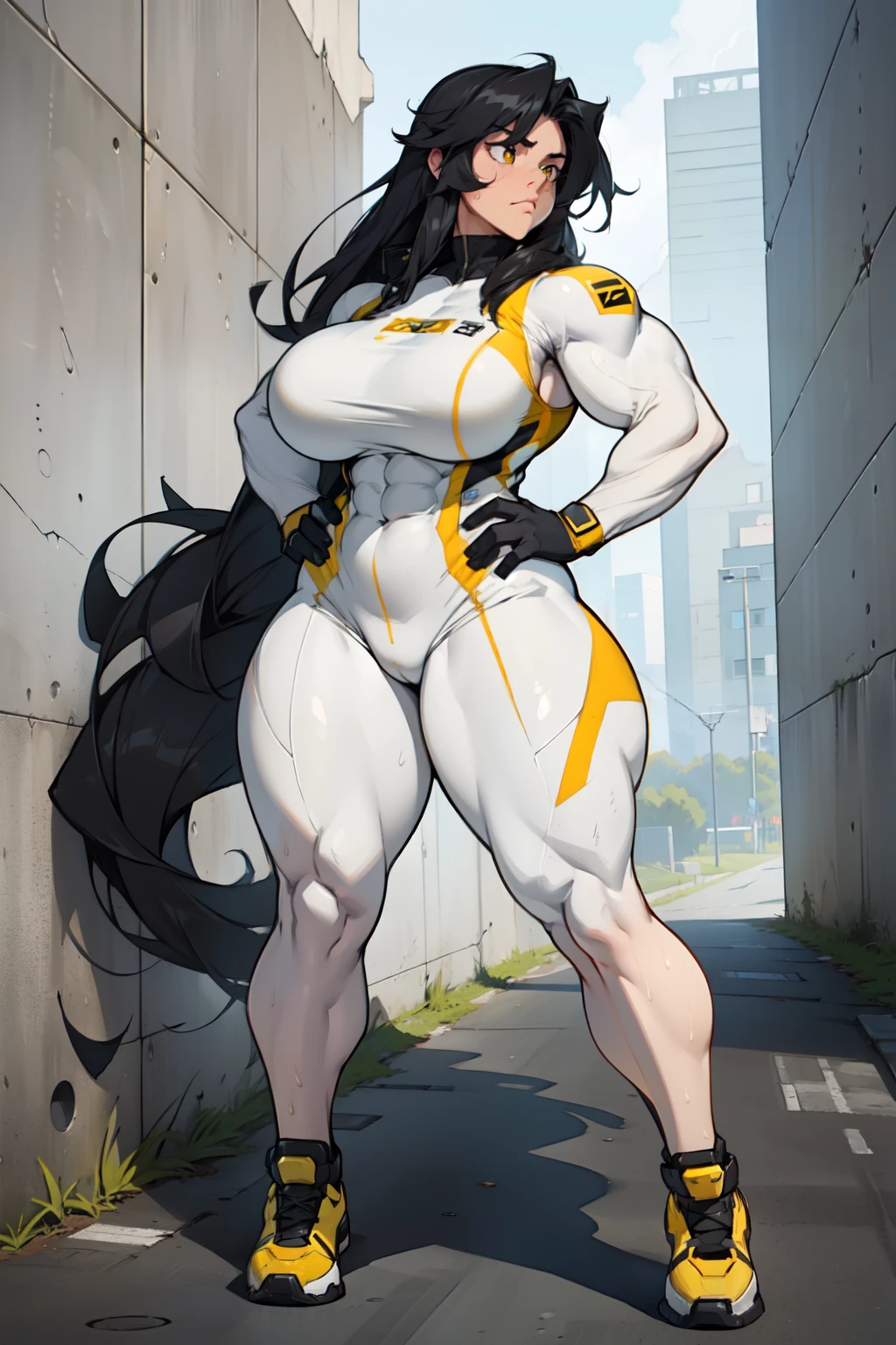 ((((((1girl)))))) (((((muscular))))) ((thick thighs huge breasts)) black hair yellow eyes solo angry pale skin sweaty concrete wall very long hair pilot suit curvy wide hips bodybuilder ((full body))