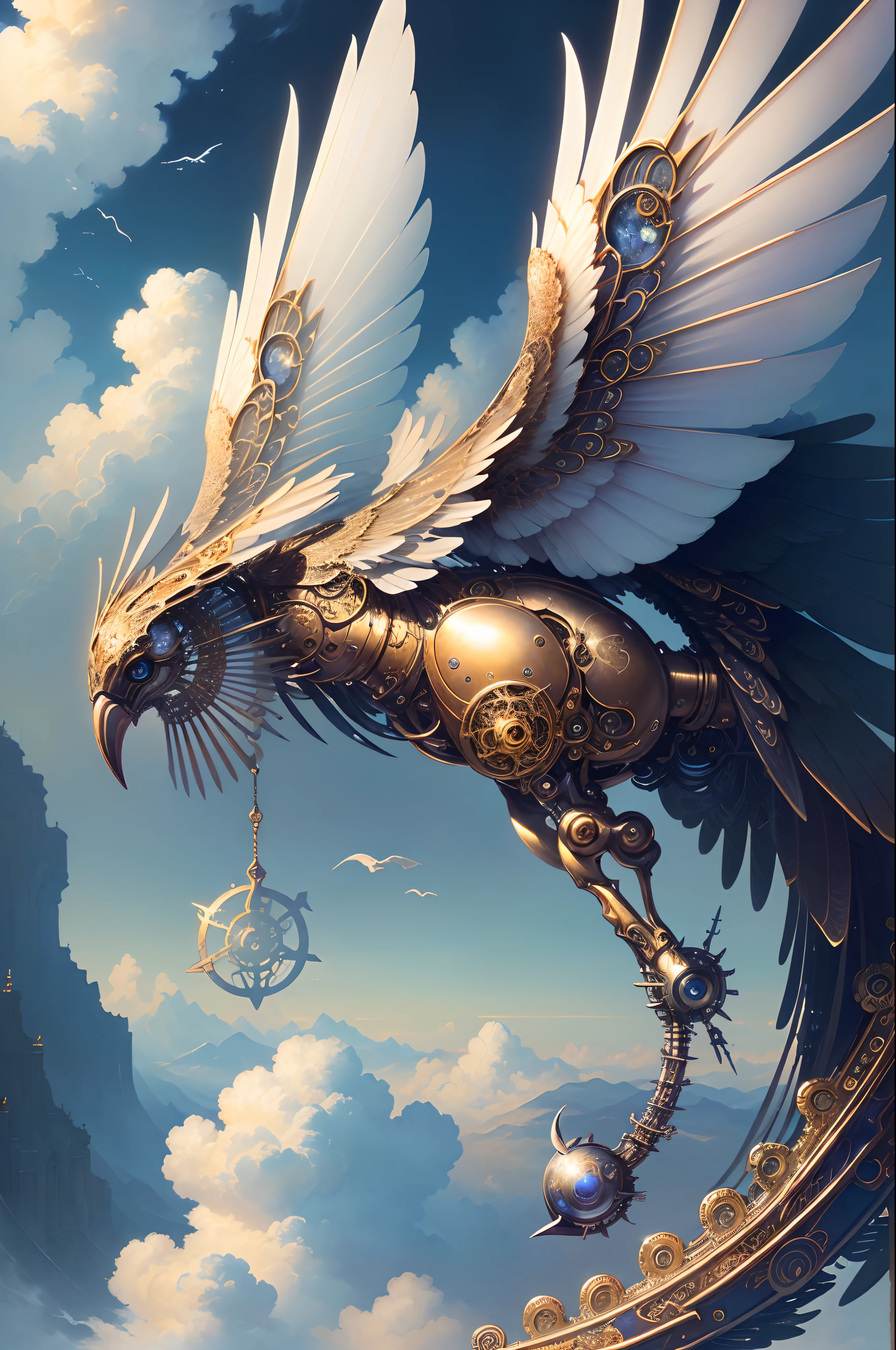 ((Need)), ((tmasterpiece)), (A detailed),Mechanical birds，The bird，Details inhabit the clouds, (fantasy illustrations:1.3),Delicate wings, otherworldly charm,gear wheel， (Luis Royo:1.2), (Yoshitaka Amano:1.1),