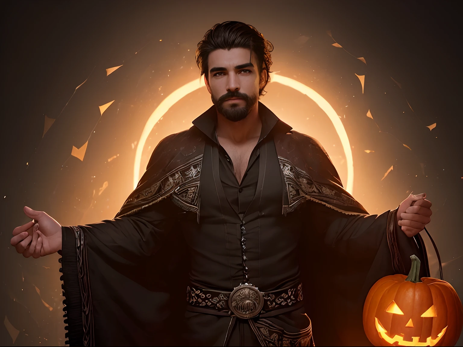 (((hombre mexicano))) ((rodeado de jack o lanterns)) (((guapo cejas y bara poblada))) ((piel canela)) ((8k)),((cuerpo completo))(((Amazing scenne))), guapo,((ojos cafe)), (((un hombre))) 8k, hiperrealista todo como un motor irreal trazado de rayos render ((estilo humano hiperealista)),(((Empty dark background))). hiperrealista todo como un motor irreal trazado de rayos render estilo humano realista ,(((Empty dark background)))., Suavemente iluminado, Intimo exquisito detalle, foco nítido, intrincadamente detallado, rewarded photography, small-catchlight, bajo contraste, alta nitidez, facial-symmetry, profundidad de campo, cinematic background, Renderizado del motor irreal, Imagen central, dream-like, Suavemente iluminado, intimo, imagen de cuerpo completo ,cuerpo completo,((tetona)),((hombre))
