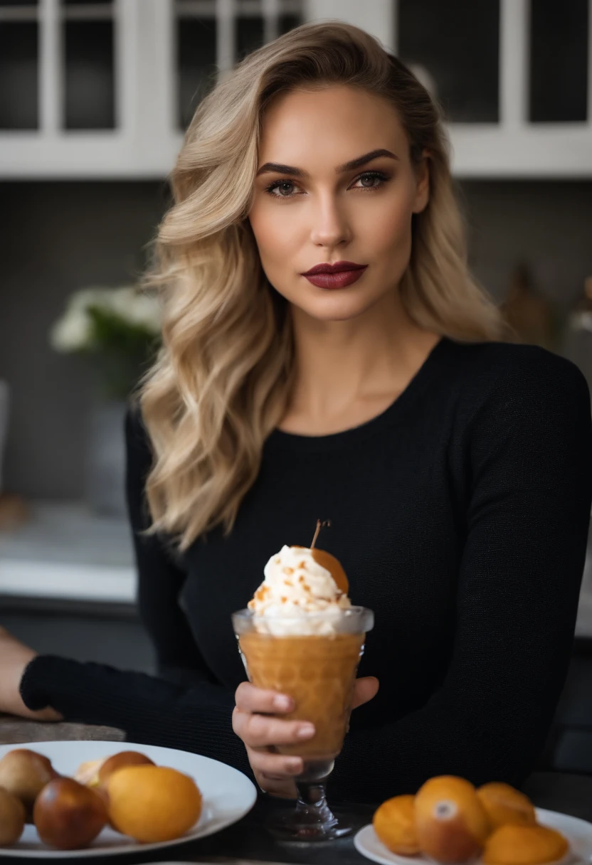 mujer joven RUBIA, fusion by Mia Malkova, gal gadot, sentada sobre la isla de la cocina en ropa interior de color negra,sensual, con encaje, tomando un helado en cono que se derrite y gotea sobre sus pechos, observando sus pechos
