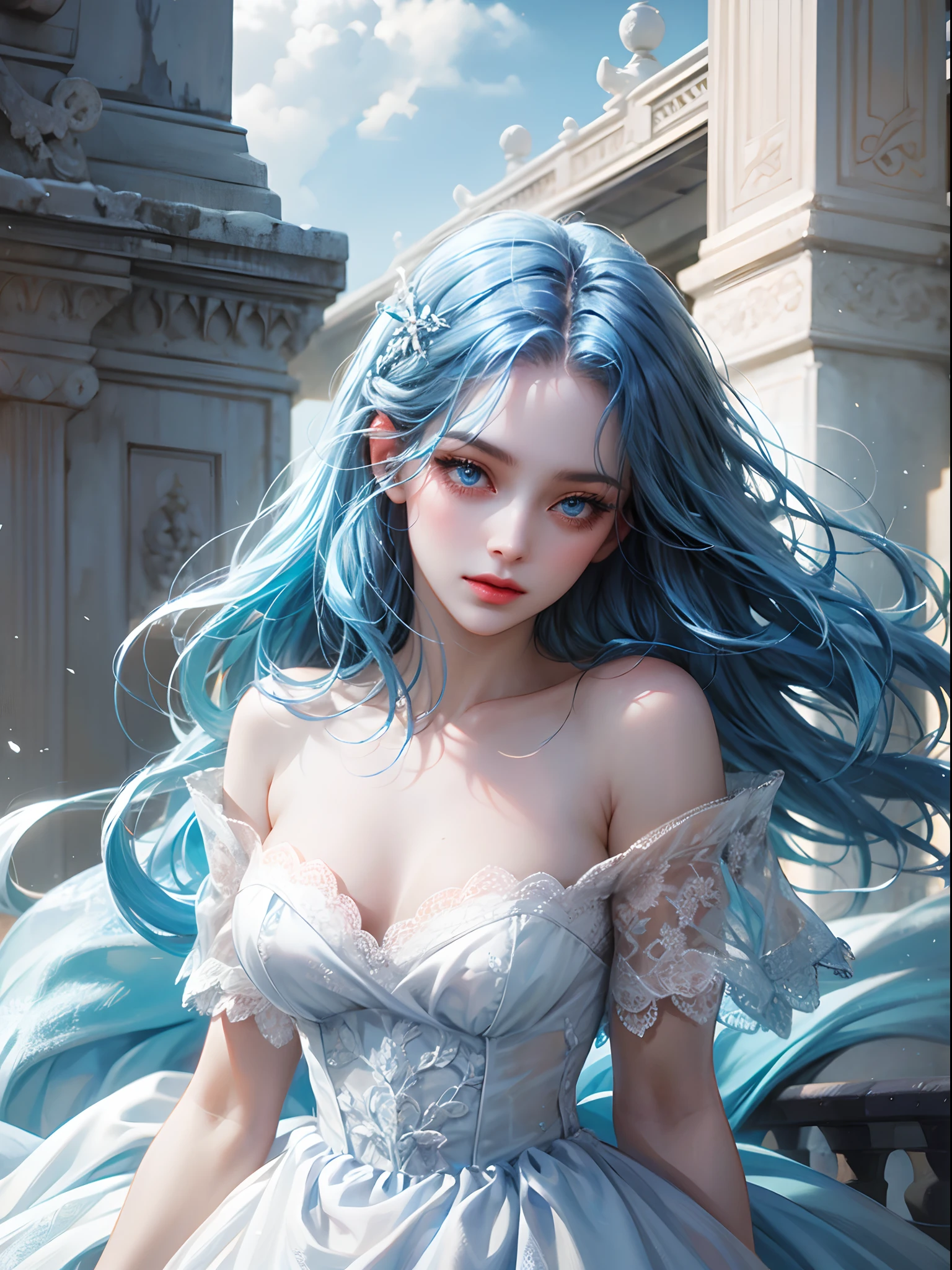 a women, blue hair, blue eyes, white dress
