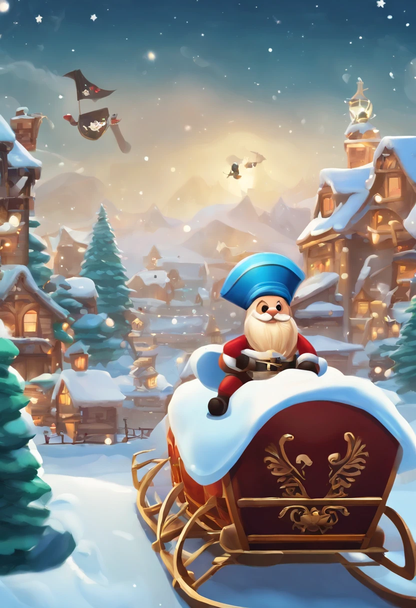 Cartoon game style pirate sitting on sledding，Pirates fly in the sky on sleds，Look up at the perspective，The composition has an impactful backdrop of Christmas night，There are some Christmas trees，Cute flat game in style，The color scheme is lively/Users/chengzi/Desktop/Screenshot2023-10-18 12.15.32.png/Users/chengzi/Desktop/Screenshot2023-10-18 12.16.23.png