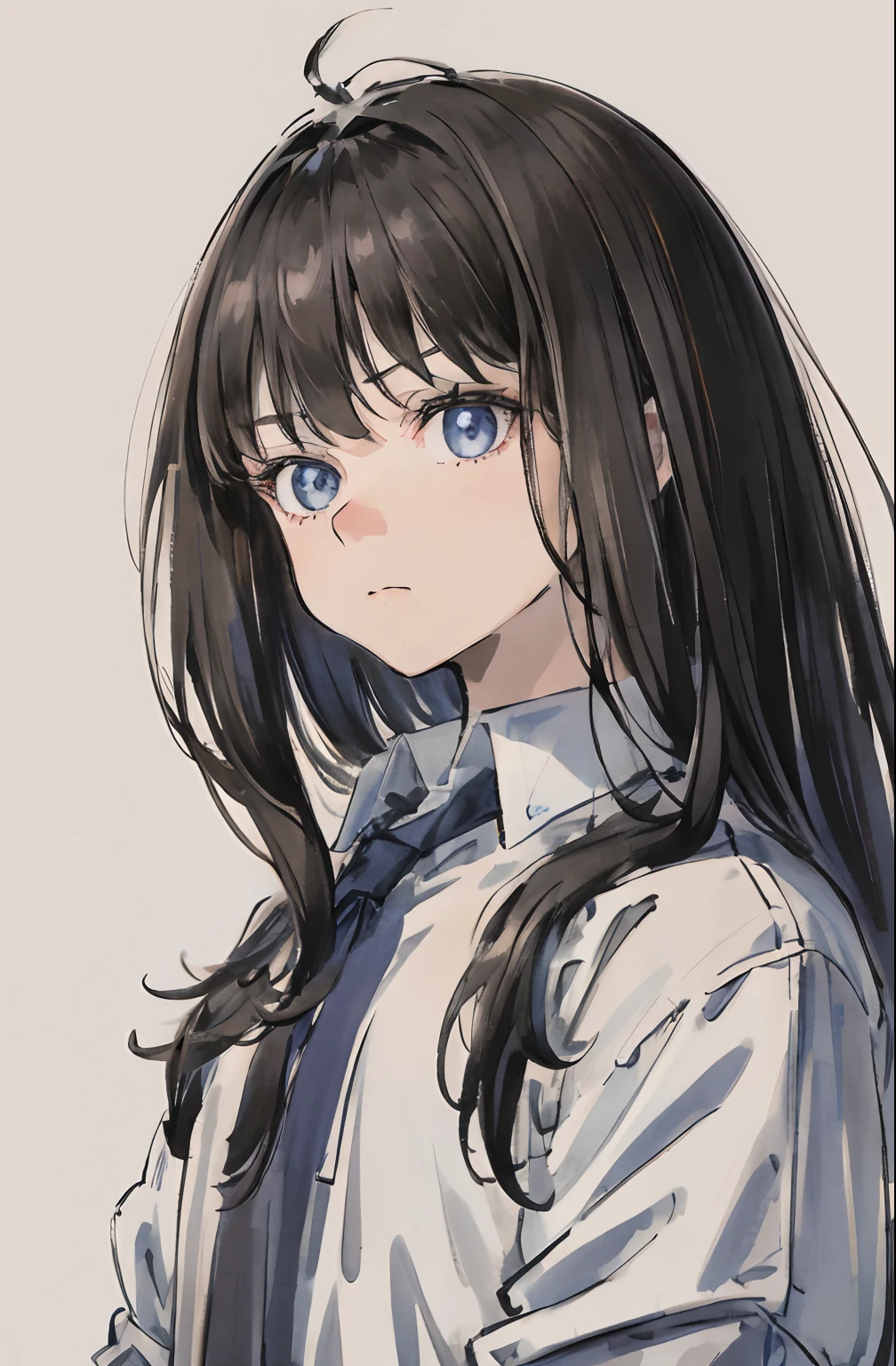 male child,Solo, A dark-haired,Blue eyes, hair messy, long hair bangs, Beautiful detailed eyes, Looking at Viewer, deadpan, Closed mouth, Portrait, Bangs, Upper body,break,The shirt