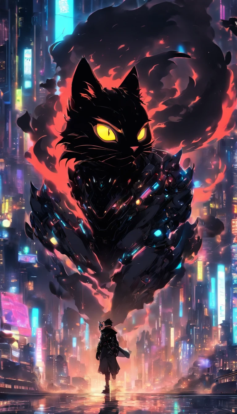Desenvolva uma arte futuristica, e que cada detalhe tenha um toque de tecnologia impressionante, that captivates the people who see it, Creating an inspiration for a distant future of technology. 

The focus of the image should be a half-robot, half-organic black cat with cyberpunk-style traits.

The image will have an unmatched quality of colors and lighting, deve ser incrivel a ponto de impressionar a todos.

((Gato preto)), ((majestoso)), ((combination of many colors))