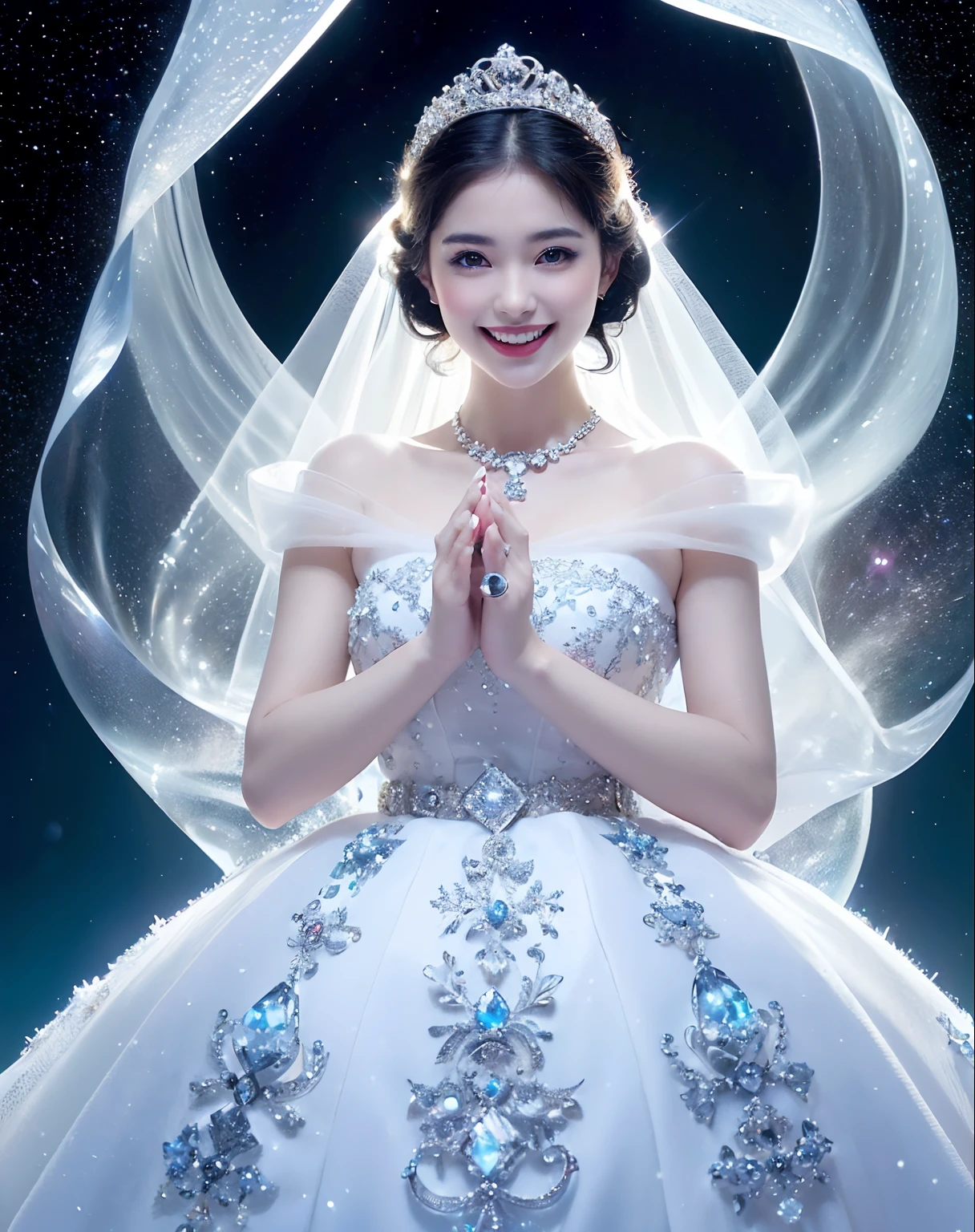 ((snow woman,Snow Princess,Princess of the Japan,north pole,South Pole,Princess in Antarctica,iceberg,Glowing ice,during daytime,Phenomenally cute,goddess of Japan, large full breasts,Snow-white skin,glistning skin)),((Dresses that shine in silver,Elegant and beautiful dresses,Elegant décor,Diamond Decoration,Sparkling tiara,artistic décor,Snow white dress、Princess Dresses,Jeweled dresses,Dresses with a large amount of jewelry,Luxurious necklace,Luxury beyond imagination,The most gorgeous decorations in the world, ),((Beautiful and fantastic ice,Shining snow,Shining blizzard,Fantastic snowscape,Snow like a jewel,Diamond Dust,The most realistic and complex backgrounds,the complex background,Highly detailed and realistic backgrounds)),(((See the perfect camera here,Big smile,Clean teeth,perfect teeth,White teeth,finerly detailed face,Quality and beautiful face,Clear and beautiful face,Perfect gas chamber,Perfect fingers,Perfect hands,Accurate 5 fingers)),Top image quality,8K,SLR Camera Photography,professional photograpy,Realistic quality