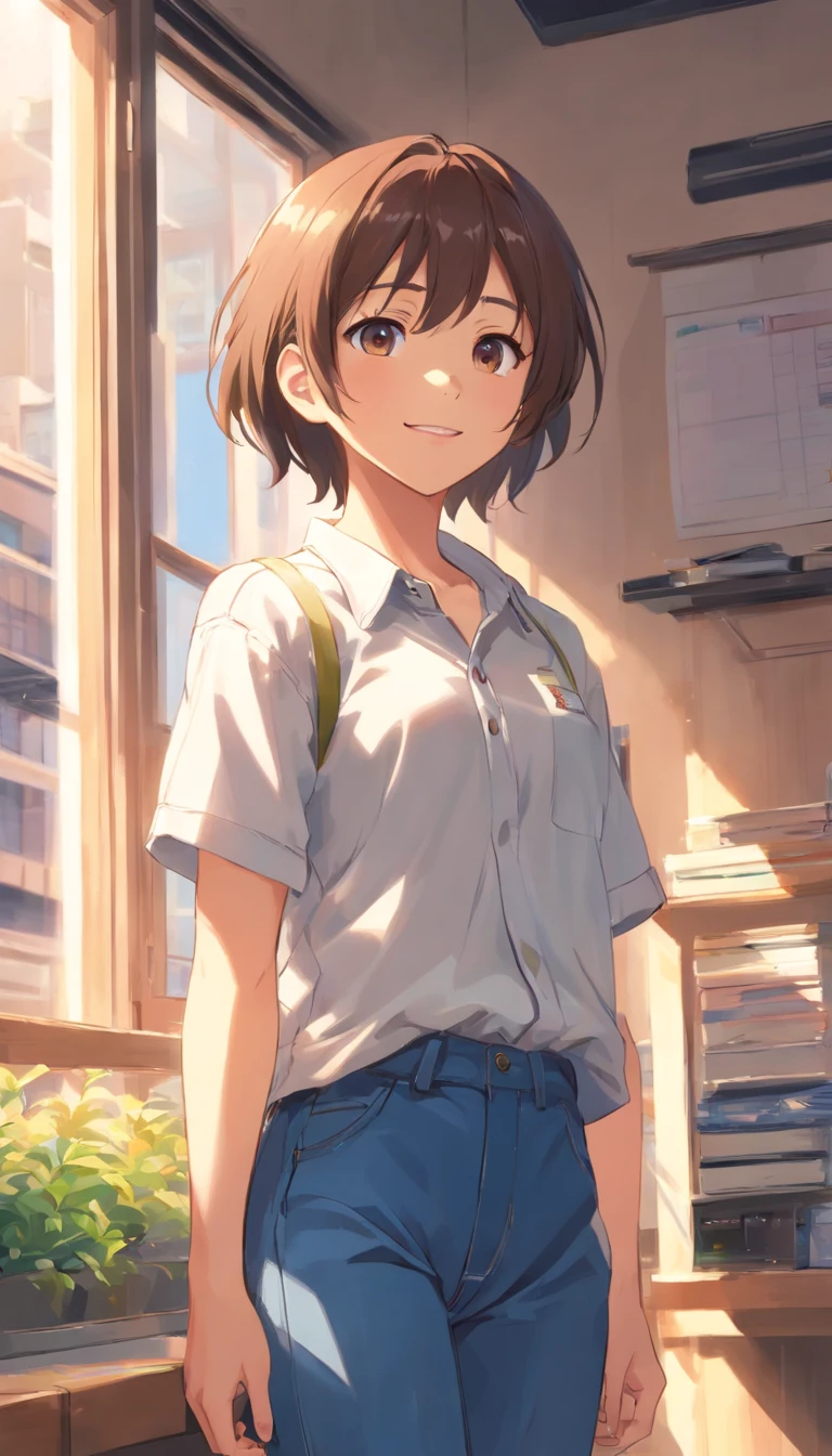 best qualtiy， tmasterpiece， 超高分辨率， realisticlying， 1 boy，（White inch），Heterochromic pupils，（ssmile）（Gaze on the cheeks），Messy shirts，denim pant，athletic sneakers，window，wide angles