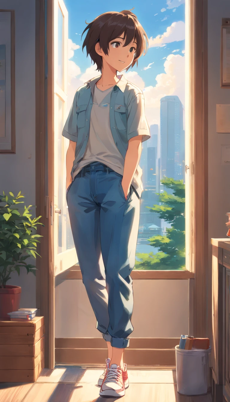 best qualtiy, tmasterpiece, 超高分辨率, realisticlying, 1 boy,(White inch),Heterochromic pupils,(ssmile)(Gaze on the cheeks),Messy shirts,denim pant,athletic sneakers,window,wide angles