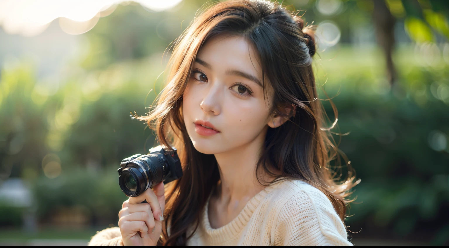 (highres,best quality:1.2),a girl holding a camera,detailed facial features,focused expression,beautiful detailed eyes,soft natural light,casual attire,feminine hairstyle,bokeh background,warm color palette,vivid colors,professional photography style