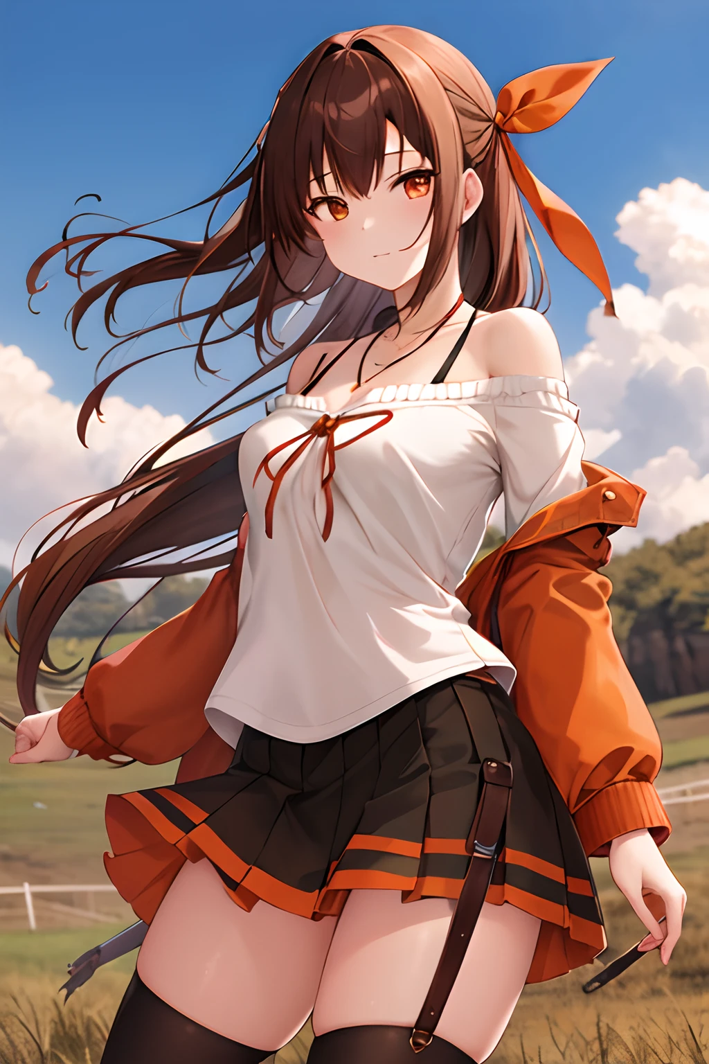 masutepiece, Best Quality, hight resolution, armory, cowboy shot、Long hair, Brown hair, Orange Eyes,, Hair Ribbon, Off-shoulder beige,Miniskirt dark red、Black Knee High Socks、 Key Necklace,The wind is flowing from left to right