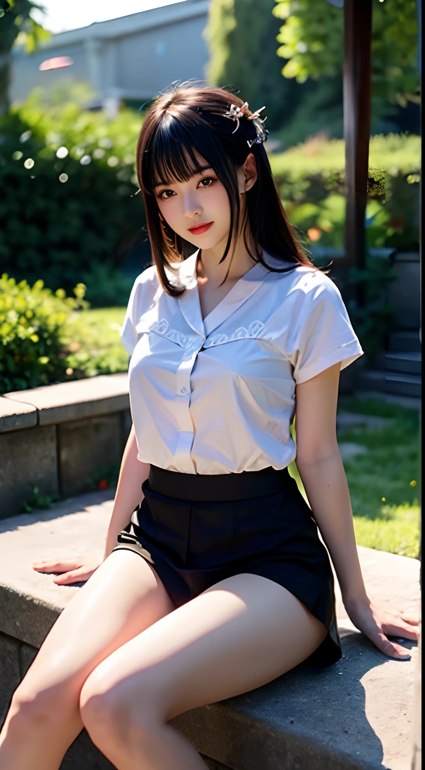 Masterpiece, Best quality, Professional lighting, Detailed lighting, photon maping, Radio City, Physically-based rendering, Depth of field, Natural lighting, hardfocus, detailed shadow,filmgrain, 1 girl , Chinese Girl - v1.0, Sitting, full bodyesbian, black thighhigns, black sock,
