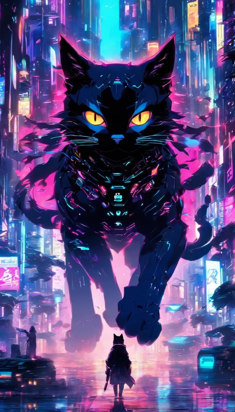 Desenvolva uma arte futuristica, e que cada detalhe tenha um toque de tecnologia impressionante, que cativa as pessoas que o veem, Creating an Inspiration for a Distant Future of Technology.
The focus of the image should be a half-robot, Half Organic Black Cat with Cyberpunk Style Traces.
The image will have an incomparable quality of colors and lighting, deve ser incrivel a ponto de impressionar a todos.
((gato preto)), ((majestoso)), ((combination of many colors))