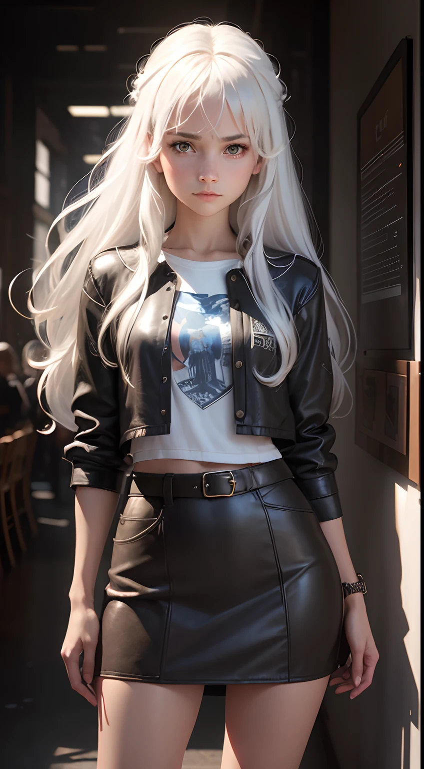 (Long white hair, braided in two braids: 1.4), ((sharp jawline)), ((Very muscular body with perky tits)), An evil expression on his face, (red jacket, white shirt with black tie, black pleated skirt with knee-length stockings, High-heeledshoes: 1.3), stands sideways, on the lawn in the park,