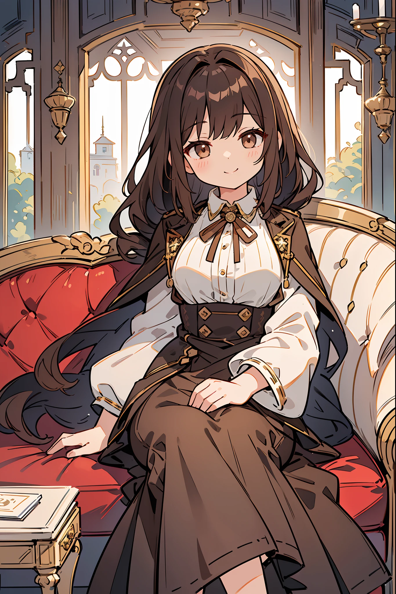 Anime girl sitting on a red couch in a room - SeaArt AI