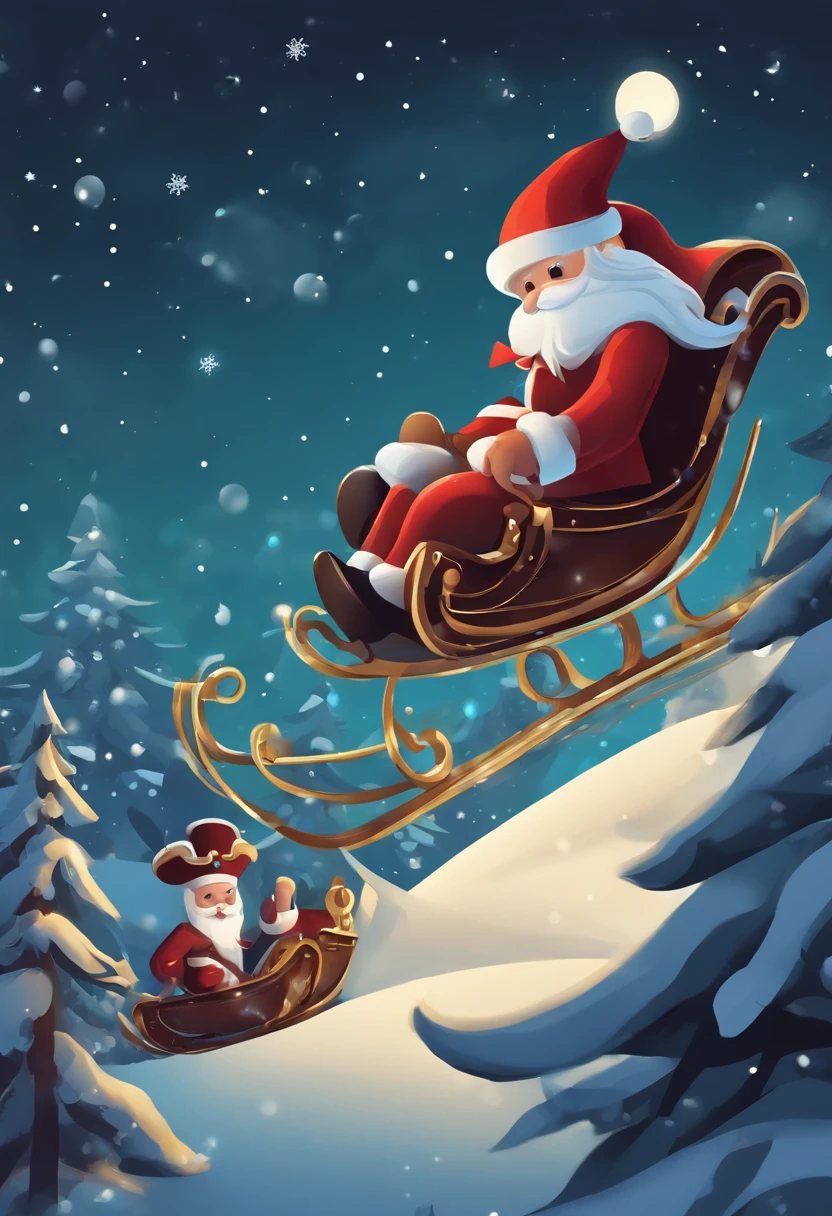 Cartoon game style pirates dressed as Santa Claus fly in the sky on a sleigh,Look up at the perspective,The composition is impactful,There is foreground occlusion,The background is Christmas night,There are some Christmas trees,Cute flat game in style,The color scheme is lively/Users/chengzi/Desktop/Screenshot2023-10-18 12.15.32.png/Users/chengzi/Desktop/Screenshot2023-10-18 12.16.23.png