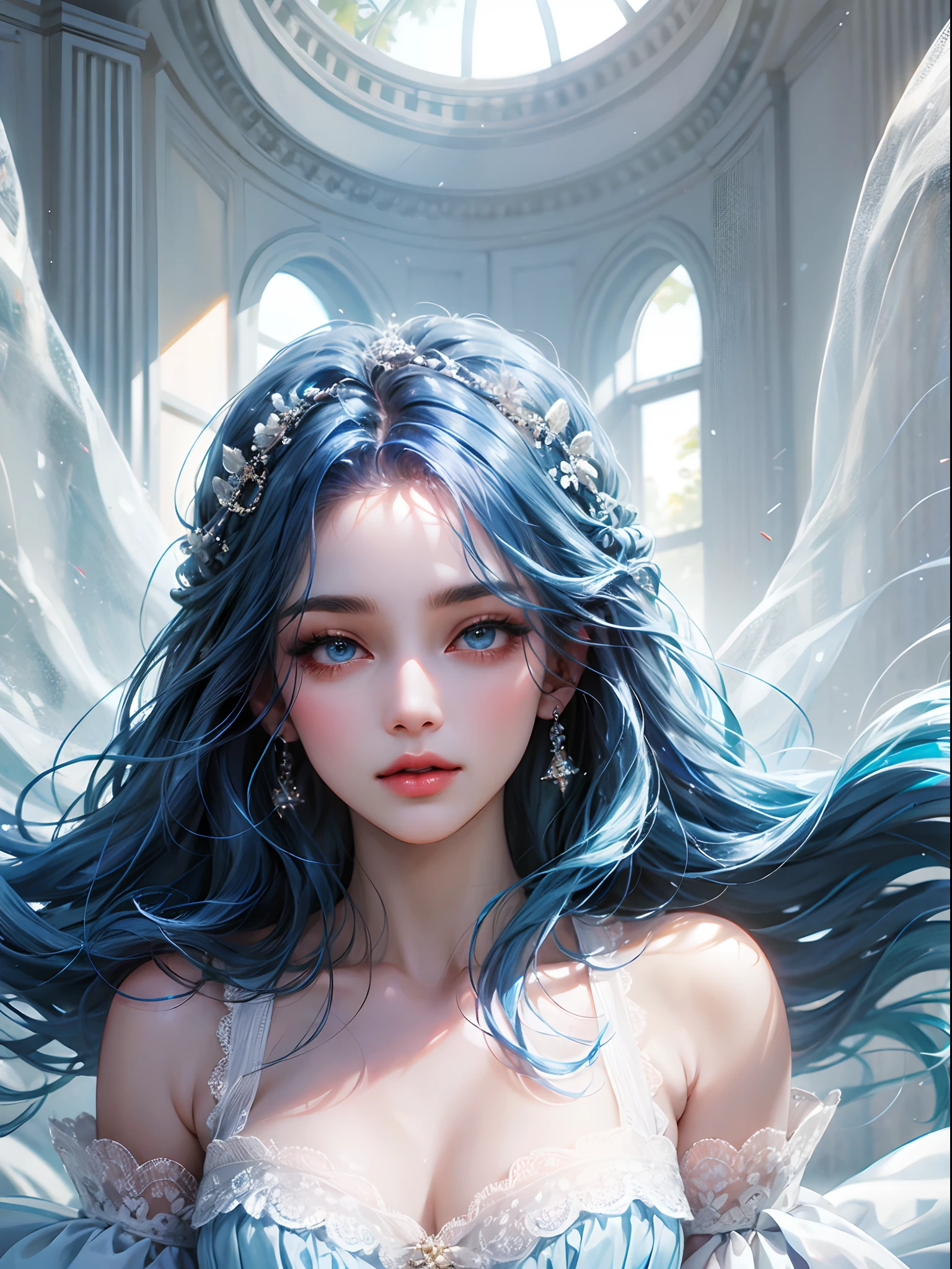 a women, blue hair, blue eyes, white dress