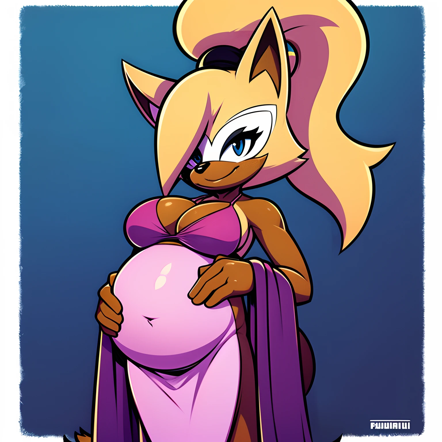 Whisper the wolf, breasts, solo, animal ears, furry, tail, navel, furry female, smile, cleavage, long hair, blue eyes, ponytail, body fur, large breasts, brown fur, animal nose, pelvic curtain, closed mouth, blonde hair, artist name, standing, bikini, pregnant
