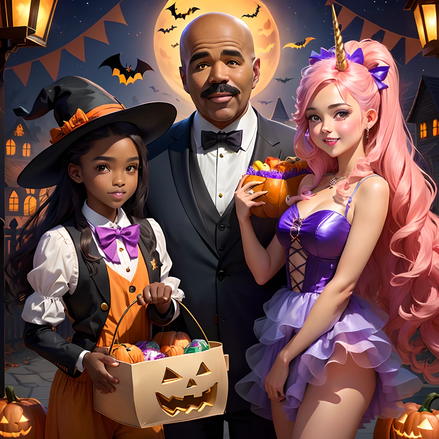 steve harvey dressed in a unicorn halloween costum holding a trick or treat basket with the words “give me kids” on it