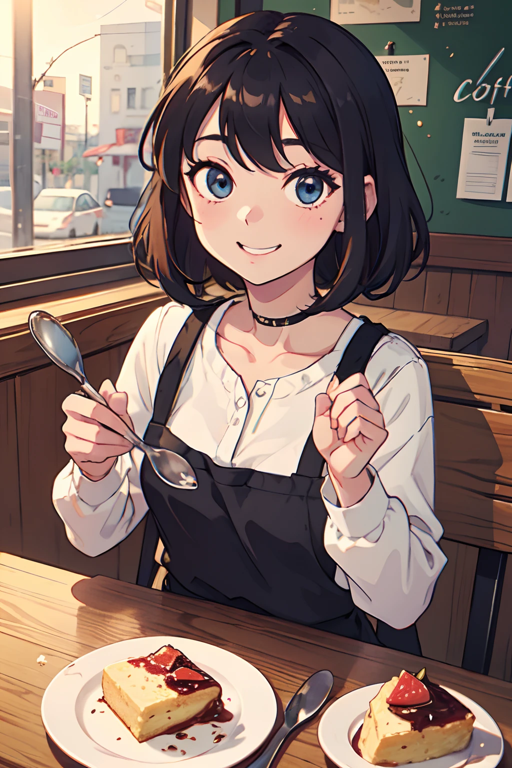 A lively-looking girl with shoot hair is grinning enthusiastically as she eats a whole cheesecake at a coffee shop. Eat with a fork or spoon, do not eat directly with your hands,