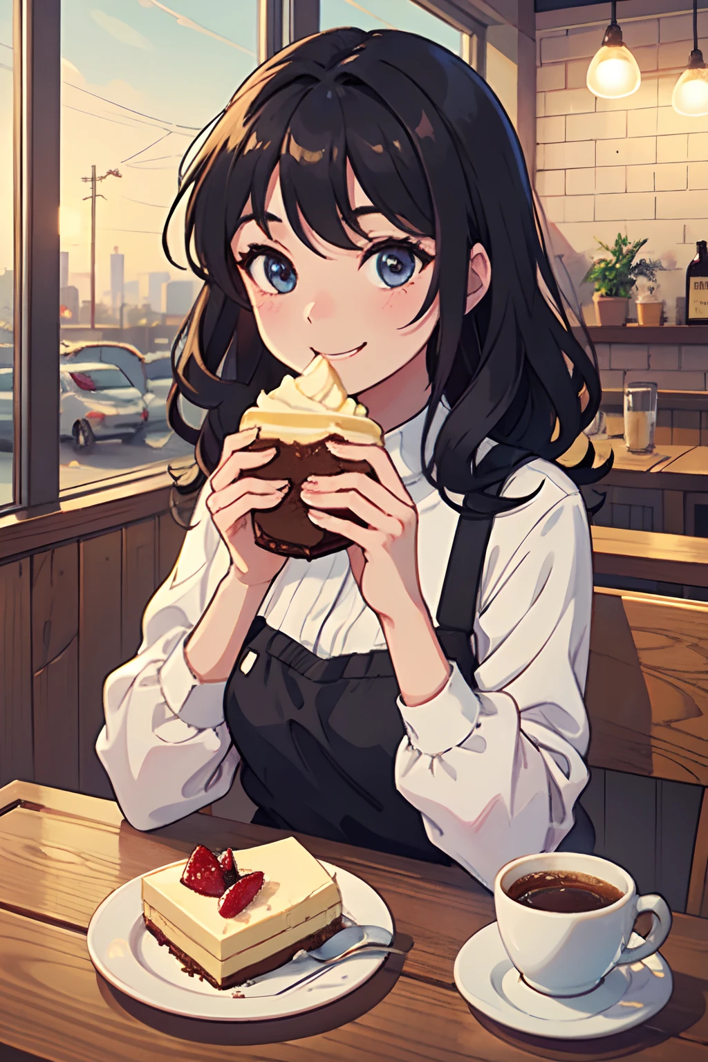 A lively-looking girl with shoot hair is grinning enthusiastically as she eats a whole cheesecake at a coffee shop.