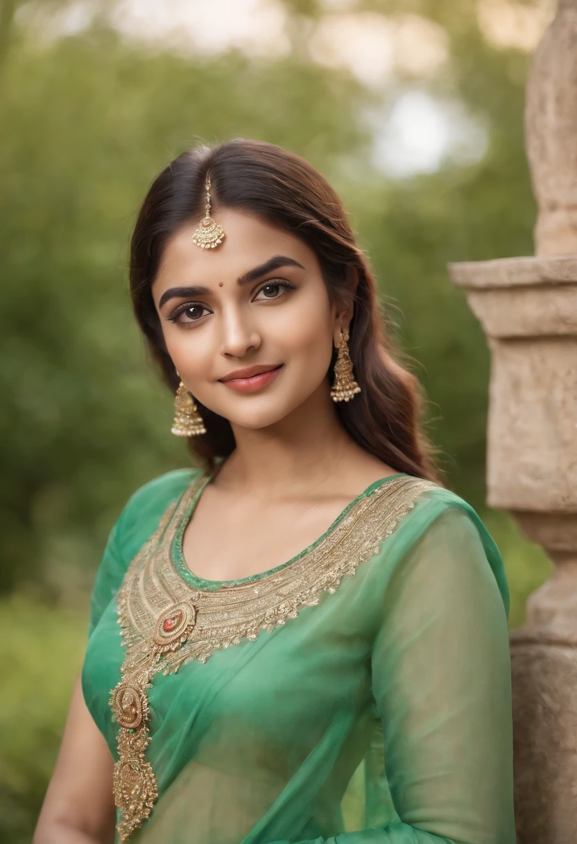 A indian 24 years old girl , joyfully smiling and seeing towards the camera, full size photo , well detailed face, in a lawn with lamps on tree , with cinematic light. The scene is filled with lamps green graas and a mansion behind. The girl's face is detailed, with beautiful eyes, nose, and lips. wearing reddish orange long frock , wearing large stone green necklace . The medium used to create this artwork is a painting, with an ultra-detailed and photorealistic style. The image quality is of the highest standard, with best quality, 4k resolution, and vivid colors. The lighting in the scene is captivating, with soft and warm tones illuminating the girl.