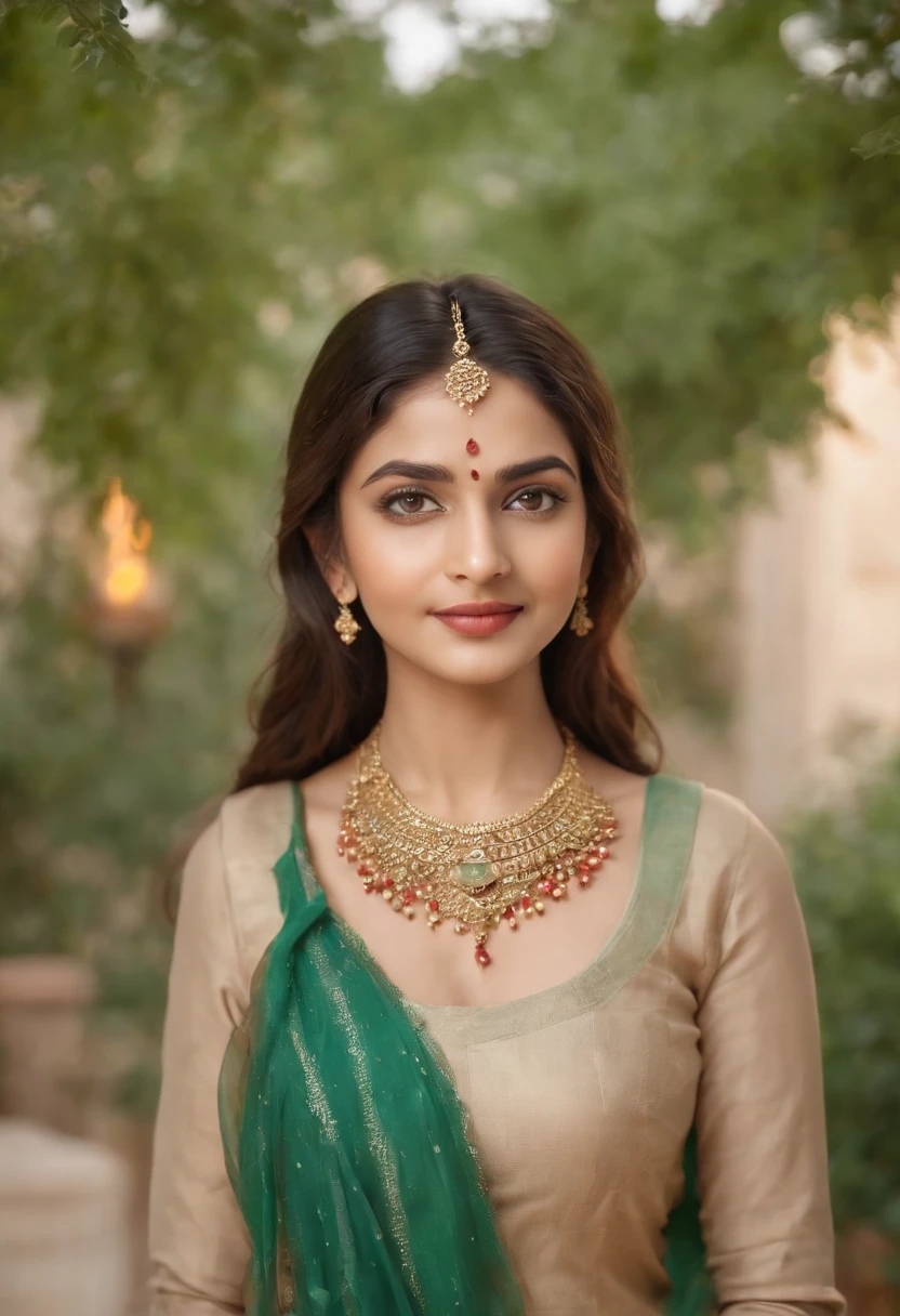 A indian 24 years old girl , joyfully smiling and seeing towards the camera, full size photo , well detailed face, in a lawn with lamps on tree , with cinematic light. The scene is filled with lamps green graas and a mansion behind. The girl's face is detailed, with beautiful eyes, nose, and lips. wearing reddish orange long frock , wearing large stone green necklace . The medium used to create this artwork is a painting, with an ultra-detailed and photorealistic style. The image quality is of the highest standard, with best quality, 4k resolution, and vivid colors. The lighting in the scene is captivating, with soft and warm tones illuminating the girl.