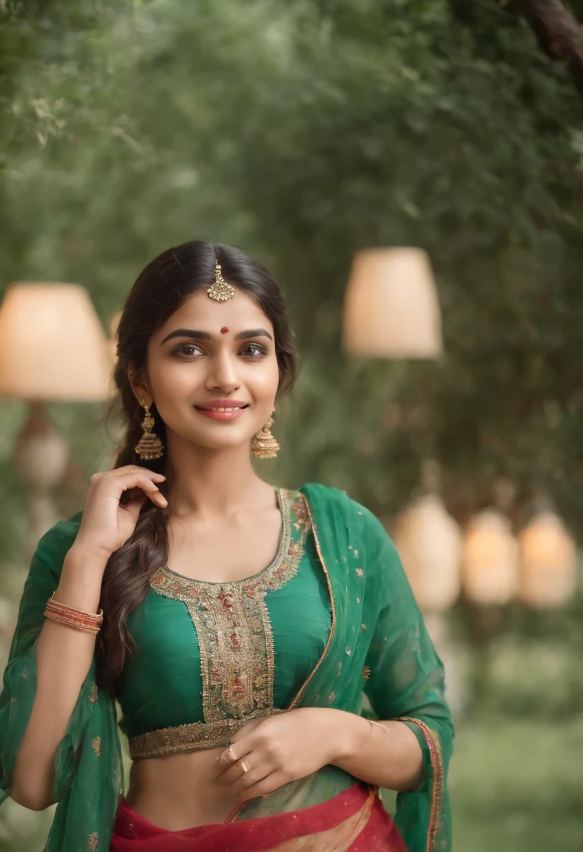 A indian 24 years old girl , joyfully smiling and seeing towards the camera, full size photo , well detailed face, in a lawn with lamps on tree , with cinematic light. The scene is filled with lamps green graas and  a mansion behind. The girl's face is detailed, with beautiful eyes, nose, and lips.  wearing reddish orange long frock , wearing large stone green necklace . The medium used to create this artwork is a painting, with an ultra-detailed and photorealistic style. The image quality is of the highest standard, with best quality, 4k resolution, and vivid colors. The lighting in the scene is captivating, with soft and warm tones illuminating the girl.