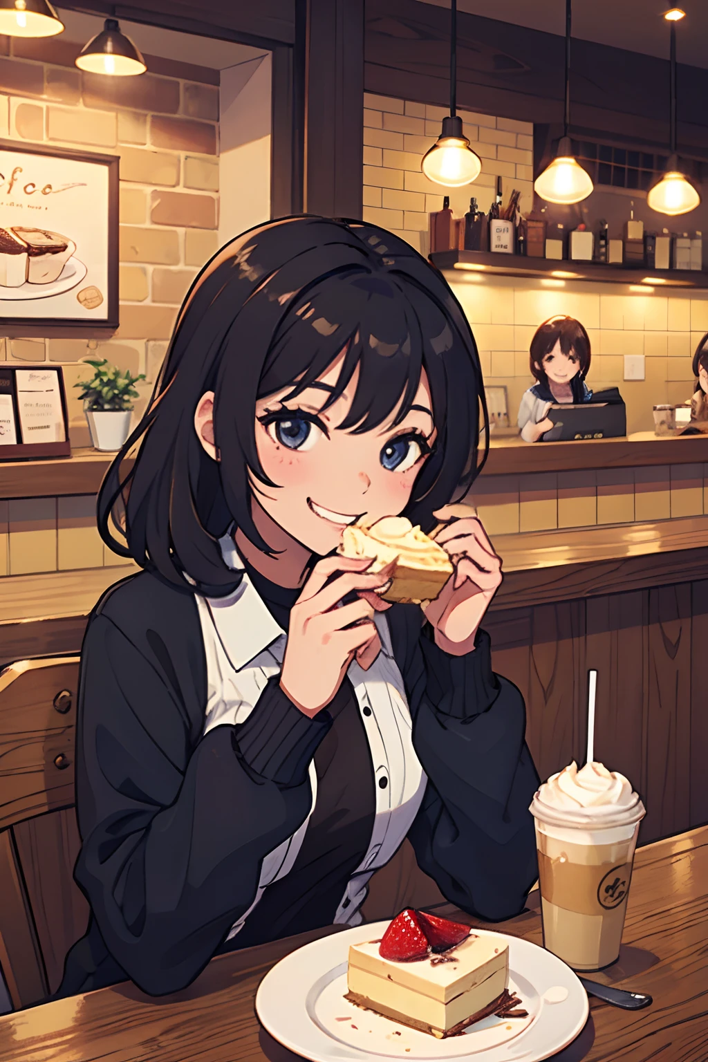 A lively-looking girl with shoot hair is grinning enthusiastically as she eats a whole cheesecake at a coffee shop.