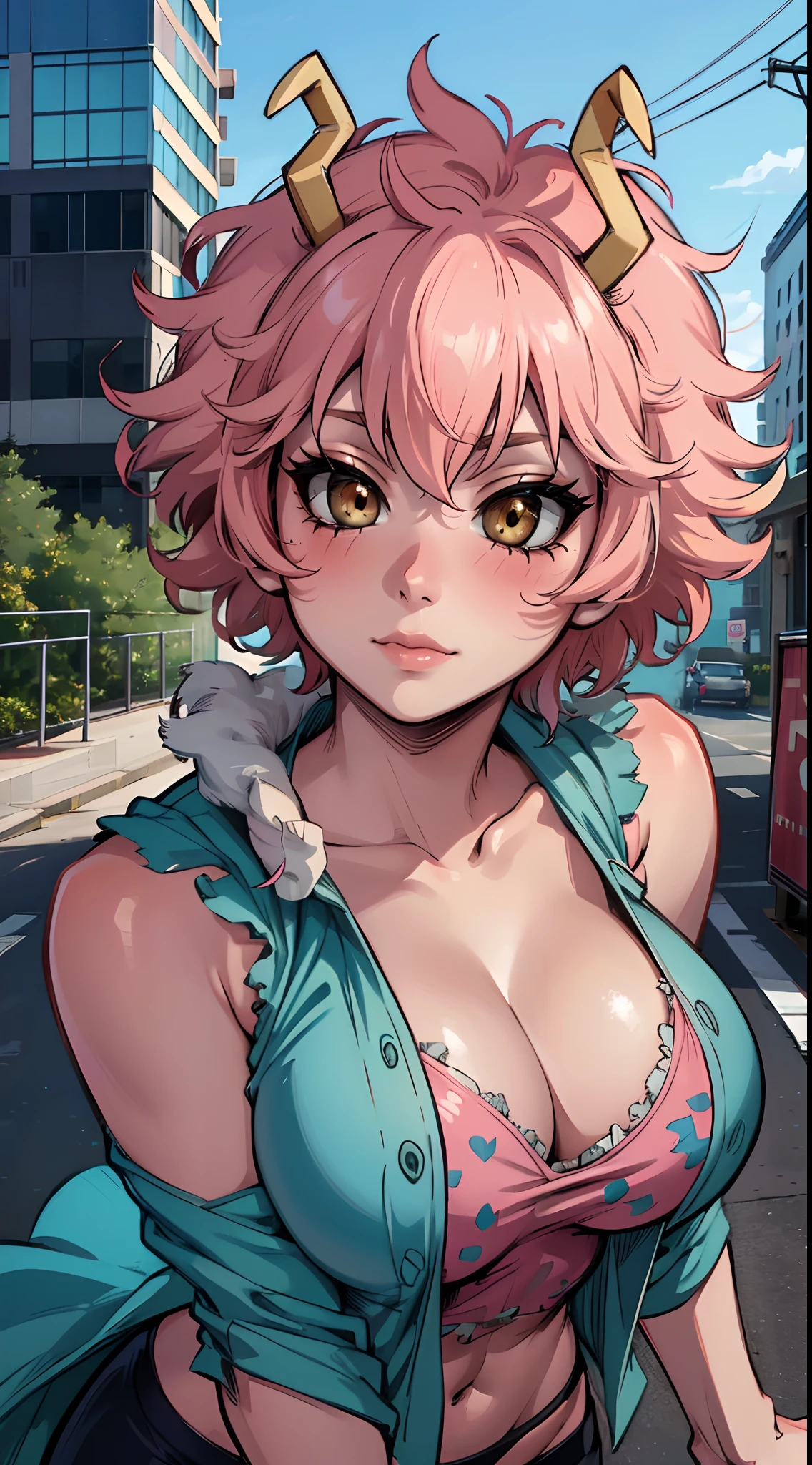 (best quality:1.3), (4k quality),1 mature woman,  Mina Ashido by boku no hero, ((Detailed face)), (blush), ((city))