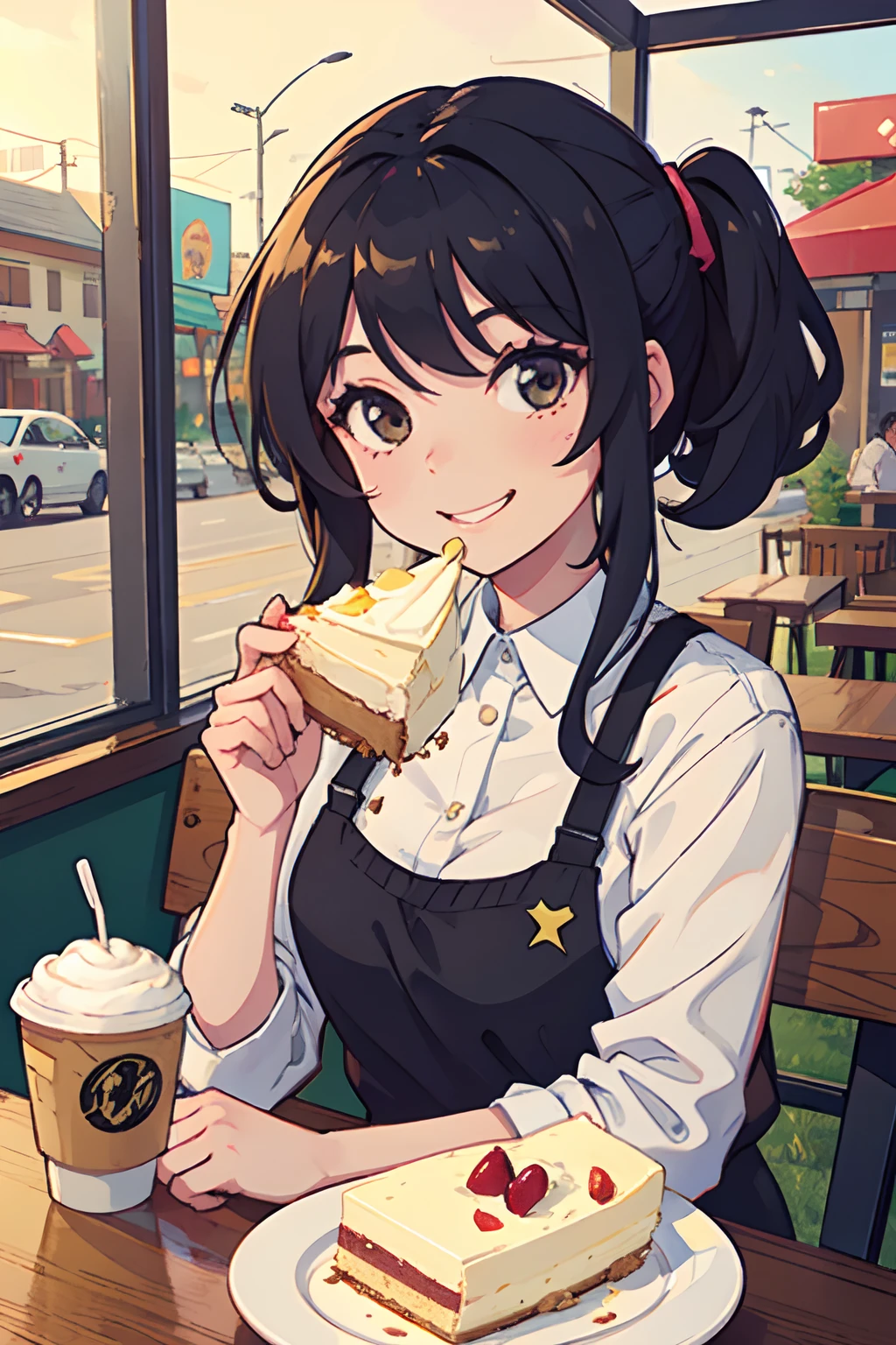 A lively-looking girl with shoot hair is grinning enthusiastically as she eats a whole cheesecake at a coffee shop.