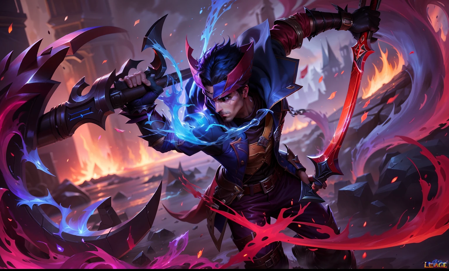 Close-up of man holding a large knife in a fire, official splash art, league of legends splash art, splash art, league of legends art, league of legends splashart, league of legends character art, wallpaper splash art promo art, iconic character splash art, League of Legends concept art, Shaco from League of Legends, League of Legends Art Style, LeBlanc