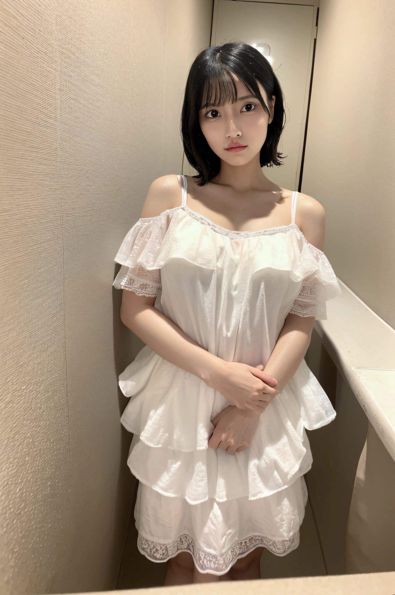 暗いnightの部屋、night、night中、8k,  Highest quality, Realistic, Very detailed、Simple room、Bathroom、Young and beautiful girl、Large Breasts、Off-the-shoulder sheer dress、Selphy、Her breasts are visible through her embroidered white clothes、Close-up of face、Close-up、Top view