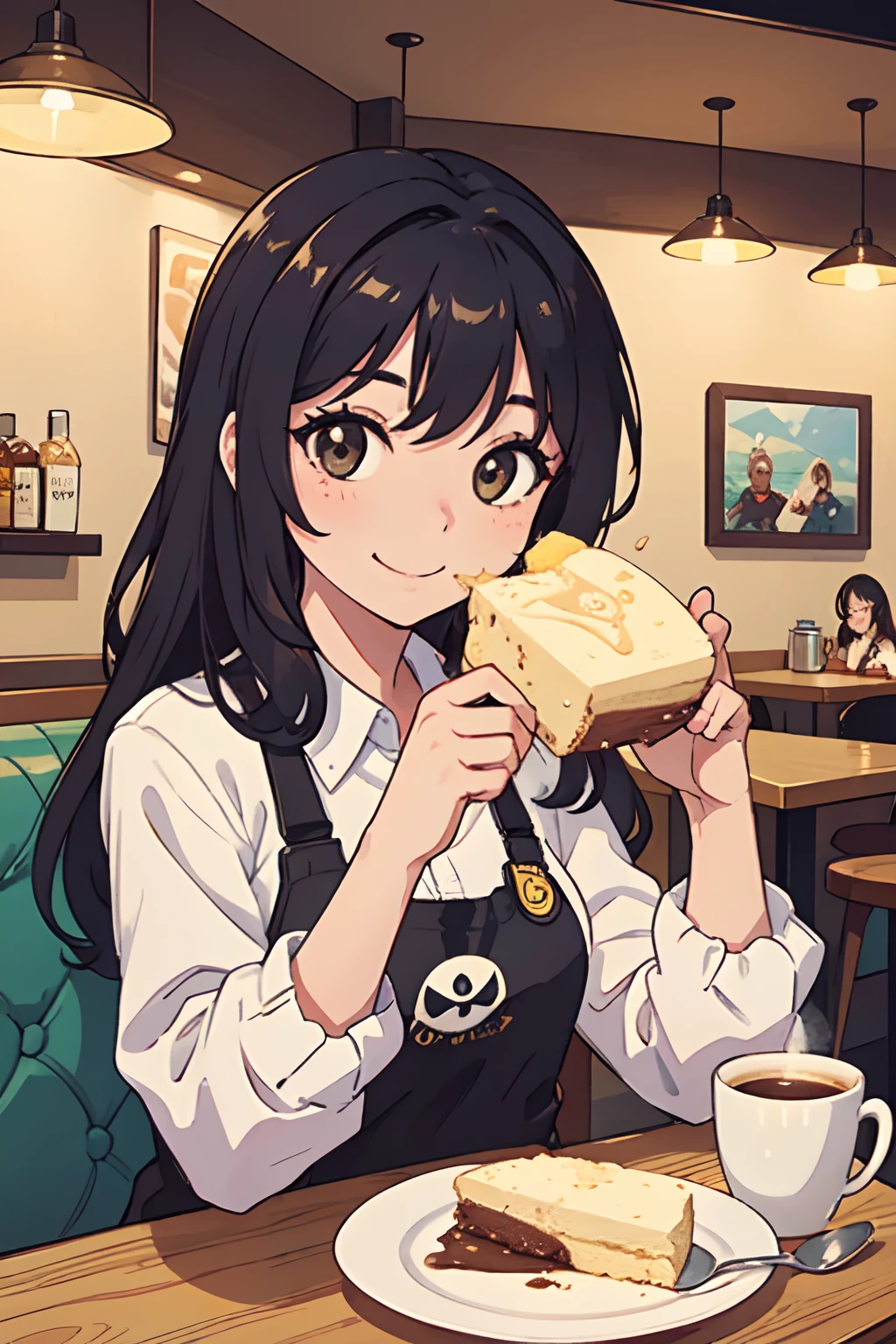 A lively-looking girl with shoot hair is grinning enthusiastically as she eats a whole cheesecake at a coffee shop. Eat with a fork or spoon, do not eat directly with your hands,