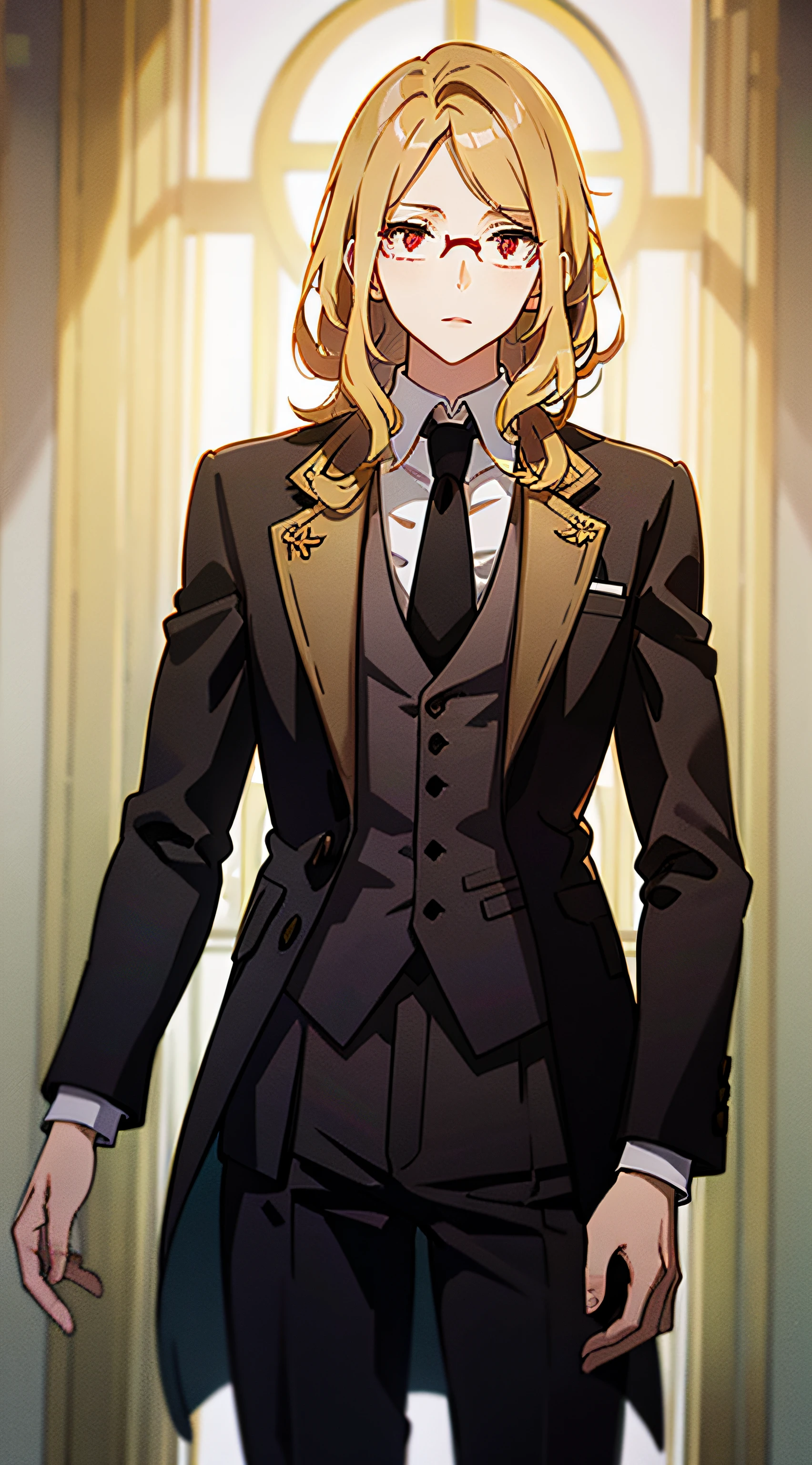 animesque、top-quality、Standing picture、Soio、Whole human body、Handsome and beautiful man、deacon、shiny detailed golden hair、Black tailcoat with noble and detailed design、Wearing intelligent and good-looking glasses、Elegant、Detailed cartoon-like red eyes、Beautiful eyebrows、elegent、Luxury、glamor、Luxury