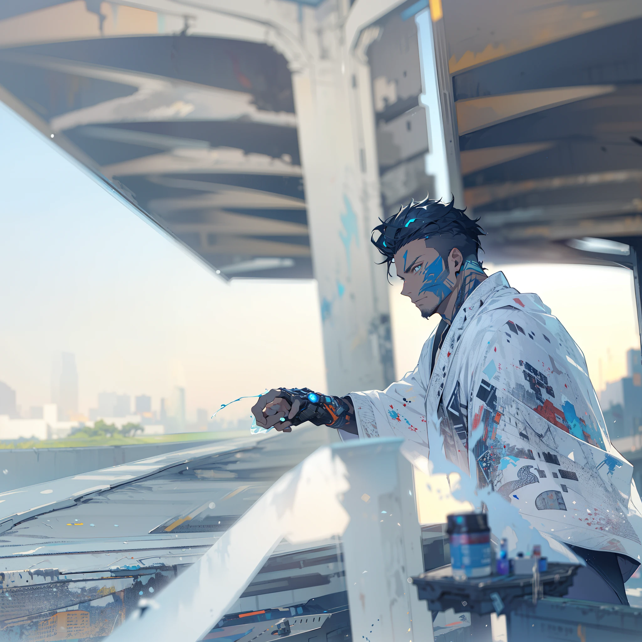 Cyberpunk male, fantasy world, dark background, clean design, epic instagram, artstation, colorful paint splatter, silhouette, hyper detailed intricate details, unreal engine, fantasy, intricate details, splash screen, complementary colors, Fantasy concept art, 8k resolution, deviantart masterpiece, oil painting, heavy strokes, paint dripping, (isolated on white background: 1.3), rainbow skin, (((handsome young man))), ((age:1.5) ), (glowing blue eyes), ((light eyes)), ((((short white hair: 1.1))), ((black clothes)), (prince\\(indifferent expression\\),, ( ((Wears high detail luxurious black robe))), white hair, frost magic, ((chest) --v 6