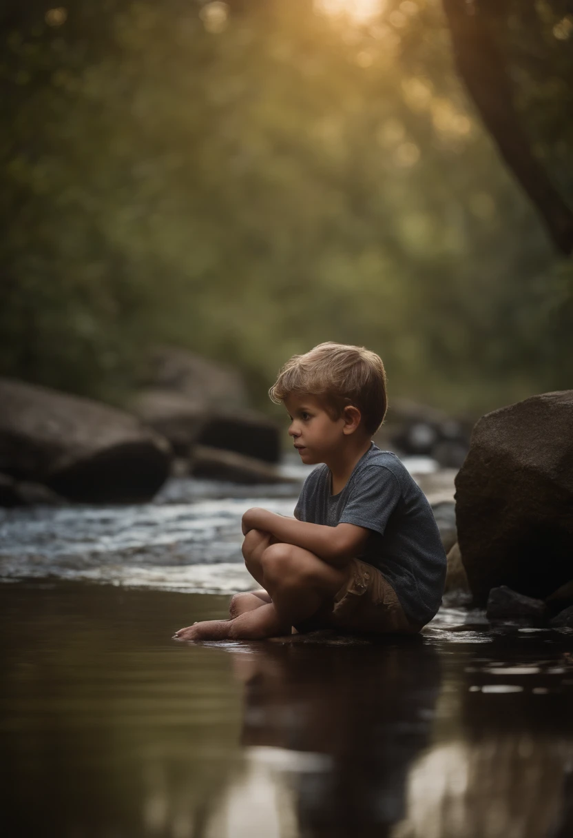 sitting boy in a sparkly creek