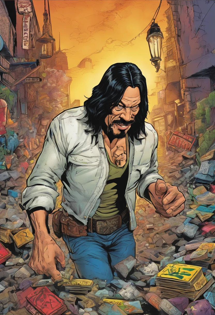 A long-haired metal music fan, Holding a brick in hand, In a dirty alley, There is a bar with a signature beer by the alley, In front of the bar is a trash can full of garbage, A middle-aged man in a suit with scarce hair looked terrified, exaggerated facial expression, style of richard corben, jim carrey caricature realism, Portrait of Danny Trejo