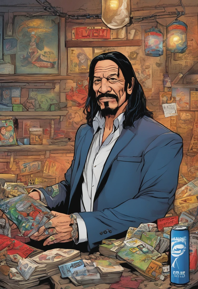 A long-haired metal music fan, Holding a brick in hand, In a dirty alley, There is a bar with a signature beer by the alley, In front of the bar is a trash can full of garbage, A middle-aged man in a suit with scarce hair looked terrified, exaggerated facial expression, style of richard corben, jim carrey caricature realism, Portrait of Danny Trejo