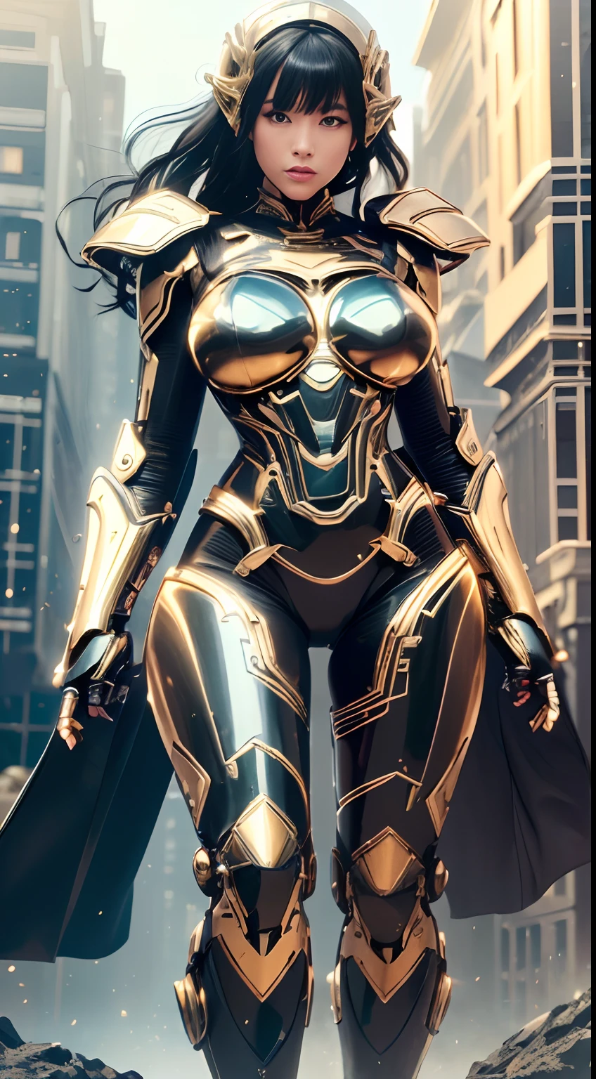 (realisticity: 1.2), best quality, 8K UHD, masterpiece, highres, (1 super detailed girl, super detailed queen , wearing a super detailed suit of fulture armor, super detailed black hair, lighting,candid,Photograph ,high resolution) 8k, fulture machine war background, A large modern robot stood behind the girl, Ruined city, late afternoon sunlight, large angle foto, full body foto