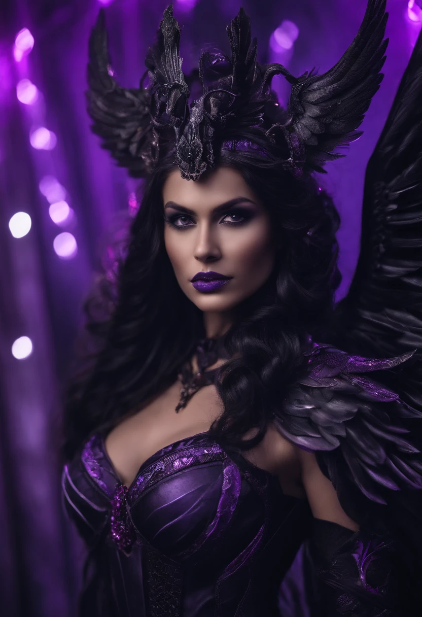 (dunkel,gotisch,beautiful,artistic),Purple and Black Cyb Armor with Purple Neon Light ,long black hair with purple highlights,Detailed purple and black wings,black horns,durchdringende rote Augen,High-resolution 8K image,dark and mysterious background,Lebendige Farben,Unendliche Dunkelheit,somber atmosphere, Goldene Verzierungen