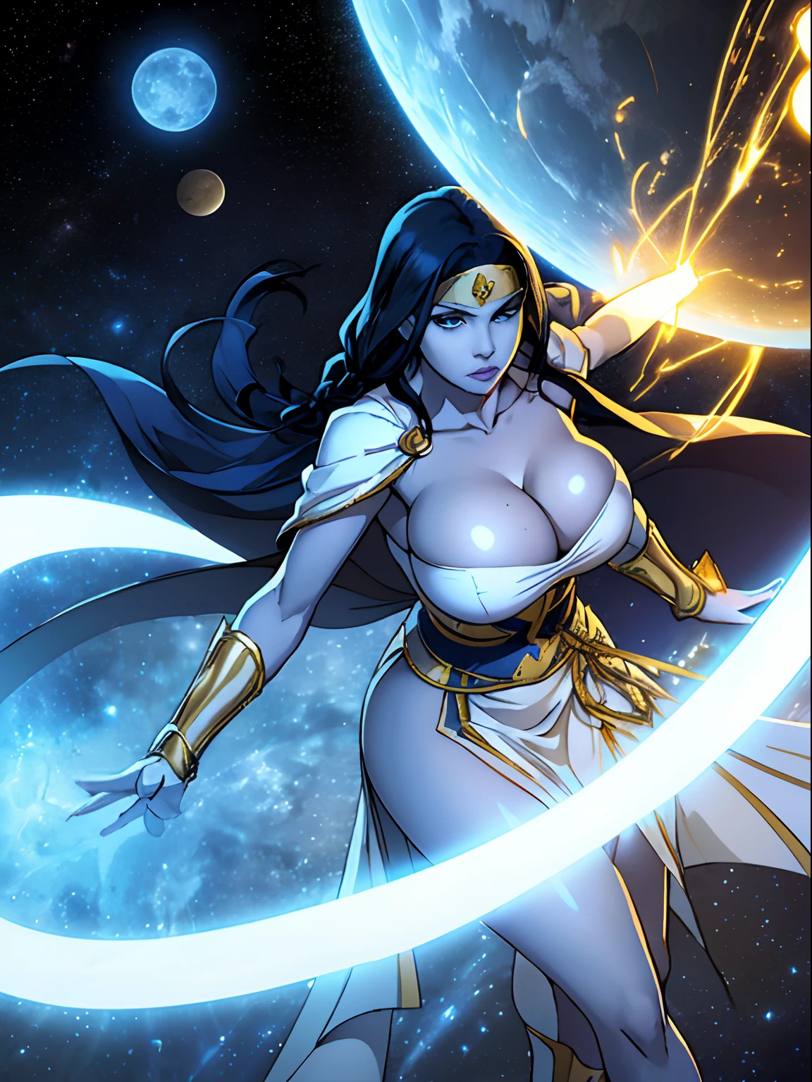 (masterpiece, top quality, best quality, official art, beautiful and aesthetic:1.2), (1girl:1.3), dark blue hair in braid, extremely detailed, portrait, looking at viewer, solo, (full body:0.6), detailed background, close up, (cool science fiction space theme:1.1), ((((blue skin)))), extremely busty alien sorceress, charlatan, mysterious, casting spells in space, four arms, revealing white and gold robes, veil, hood, blindfold, golden armbands, long gloves, glowing magical energy, white blindfold, elaborate headdress, golden ceremonial winged crown, sheer white fabric, elegant robes, skirts, streamers, cowl, cape, sandals, bracers, ((((four arms, gigantic breasts, cleavage, skindentation)))), slim waist, slim hips, long legs, athletic, SPACE, futuristic moon, (space exterior:1.1) background, dark mysterious lighting, shadows, magical atmosphere, dutch angle