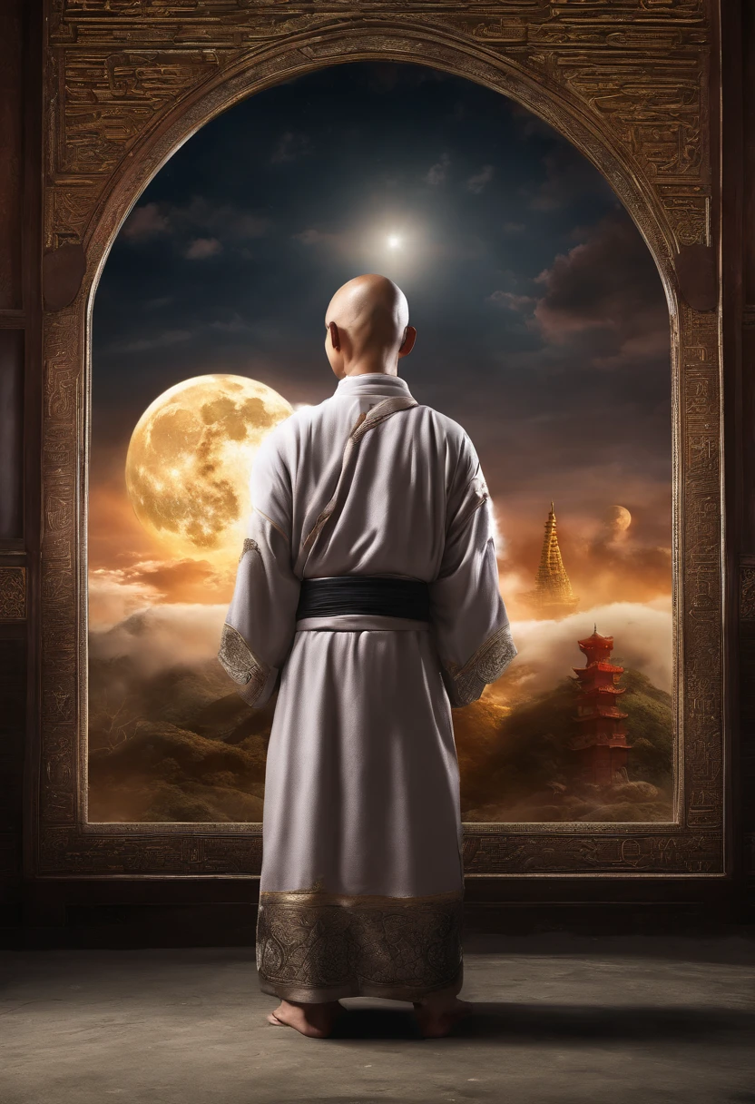 Chinese monk,Divine light, Chinese to pray to heaven, In front of beauty, The moon rises, One hand forward, Relationship with the Buddha Lord, Photo portrait,8K surrealism。