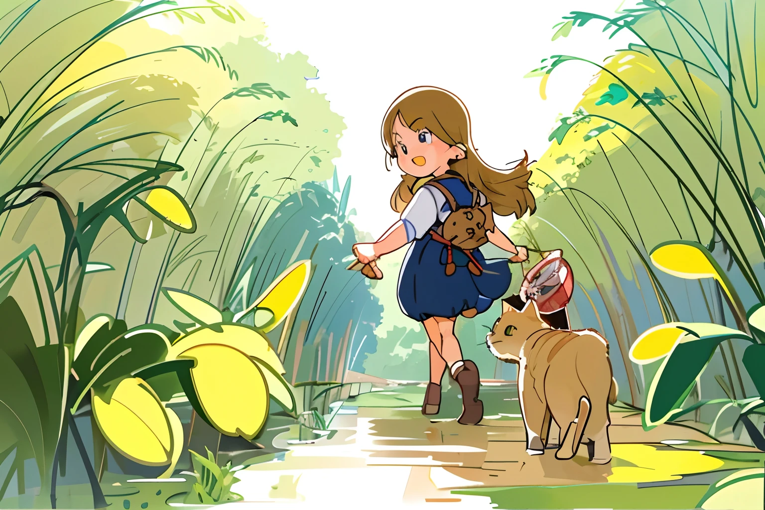 Cute little girl with kitten，Sunnyday，Warm summer，In the rice fields，In the bush，There is a stream on the left，anime illustrated，outstanding，A beautiful childhood。