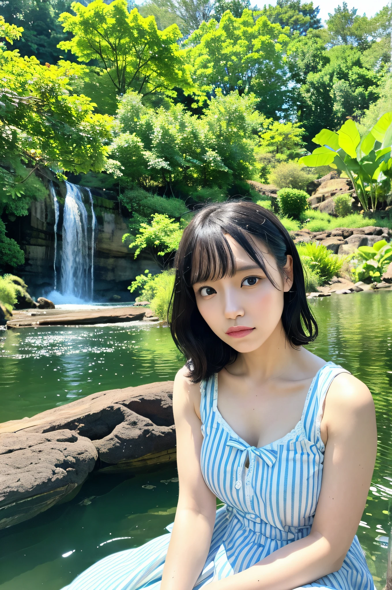 a tranquil lake, vibrant forest, rolling hills, peaceful waterfall, Colorful flowers,(Blue Summer Sundress:1.1), Stripes, Bow, seamless, f lare, halterneck,