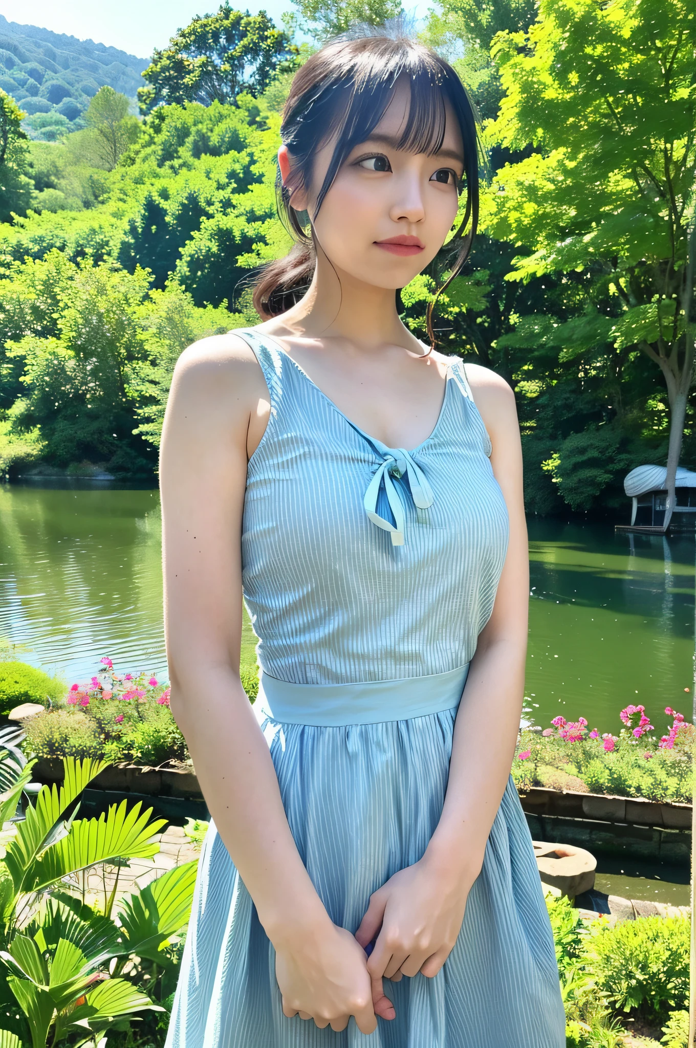 a tranquil lake, vibrant forest, rolling hills, peaceful waterfall, Colorful flowers,(Blue Summer Sundress:1.1), Stripes, Bow, seamless, f lare, halterneck,