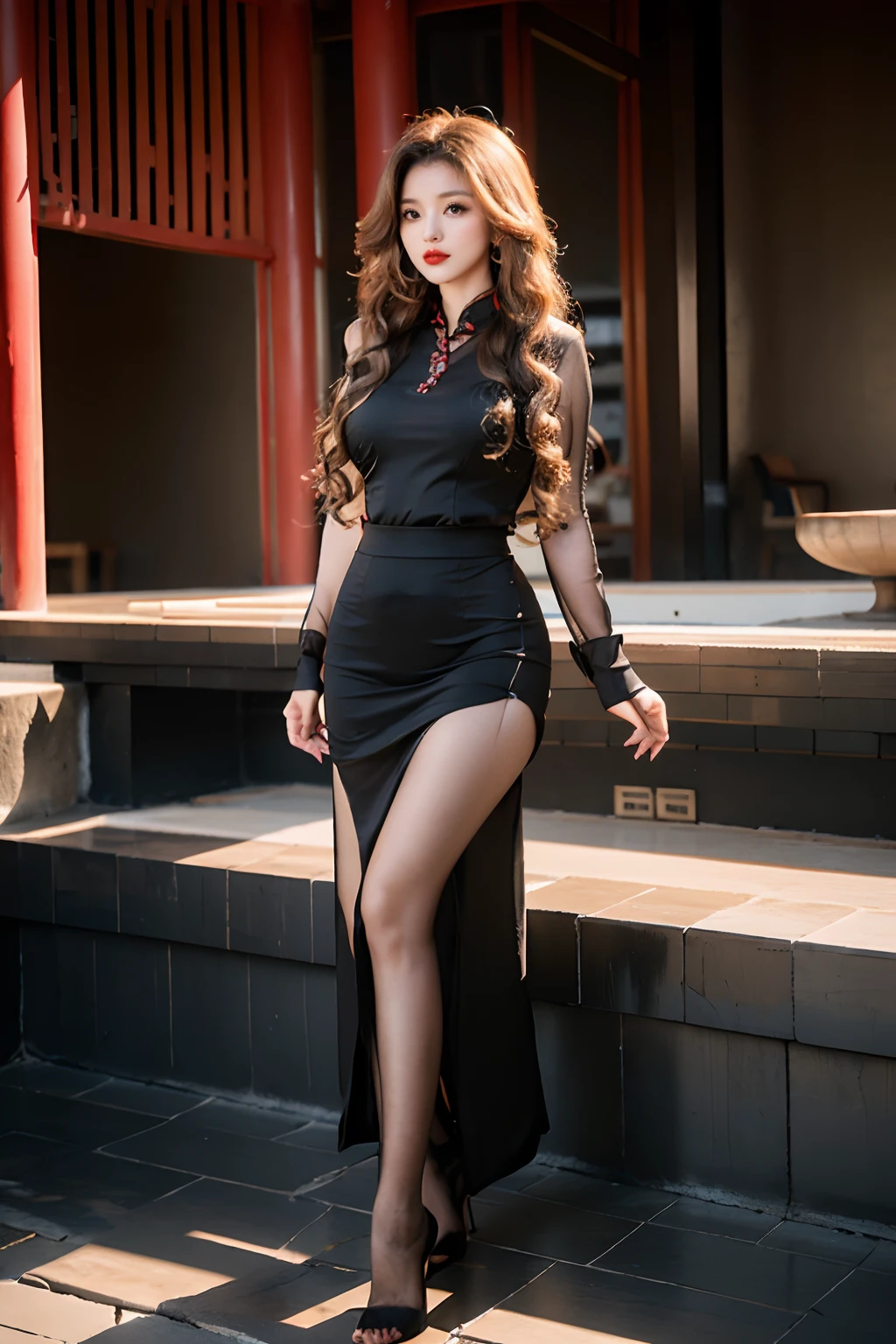 Wavy curly hair，Heavy makeup，Red lips，Cheongsam long skirt，Clear silk pantyhose，Black stiletto heels，mature，By bangs，Chinese Ancient Architecture，Ancient architecture