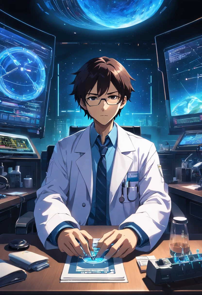 .RAW, wide angle, A man in a dark lab sitting on a chair in front of a futuristic computer screen wears glasses., 50 anos,Pele negra avermelhada, cabelos pretos, cabelos ondulados,shoulder-length hair,Amarre-me.,Tipografia de olho escuro,barba pequena,White lab coat, Coffee mugs are placed on the table., Astronomy Laboratory Show information about stars, hardware, Ambiente Luminoso, neon light, ((cyberpunk))