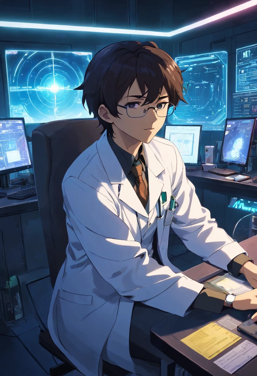 .RAW, wide angle, A man in a dark lab sitting on a chair in front of a futuristic computer screen wears glasses., 50 anos,Pele negra avermelhada, cabelos pretos, cabelos ondulados,shoulder-length hair,Amarre-me.,Tipografia de olho escuro,barba pequena,White lab coat, Coffee mugs are placed on the table., Astronomy Laboratory Show information about stars, hardware, Ambiente Luminoso, neon light, ((cyberpunk))