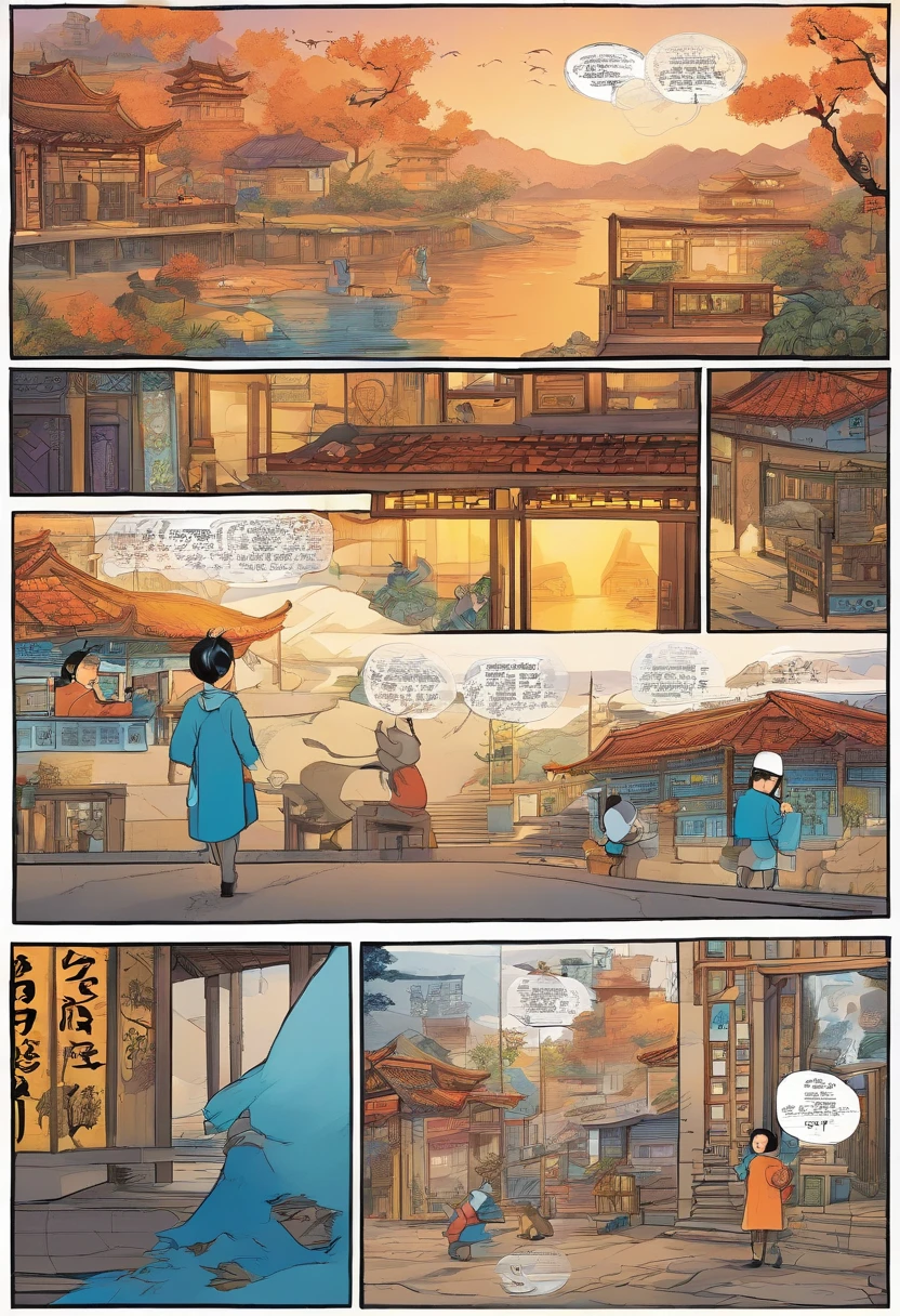 Chinese comics, The comic story is presented in multiple irregular colored panels. The blue cat went through hardships when running away from home，Then reunite with the host. The style is exaggerated and meticulous