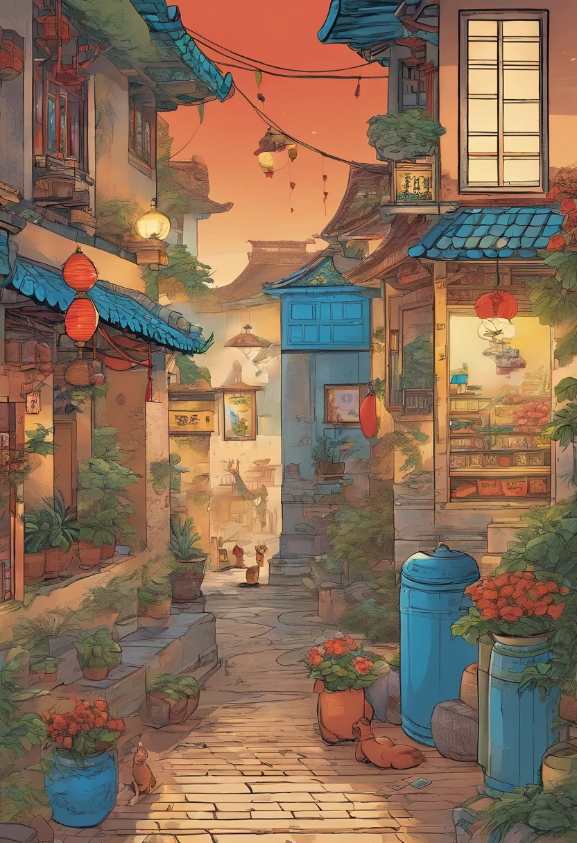 Chinese comics, The comic story is presented in multiple irregular colored panels. The blue cat went through hardships when running away from home,Then reunite with the host. The style is exaggerated and meticulous