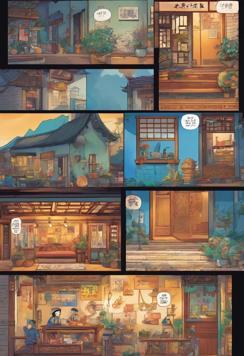 Chinese comics, The comic story is presented in multiple irregular colored panels. The blue cat went through hardships when running away from home,Then reunite with the host. The style is exaggerated and meticulous